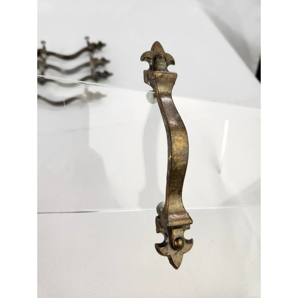 Set 10 Vintage Gothic Fleur de Lis Drawer Pulls Eastlake Brass Cabinet Handles